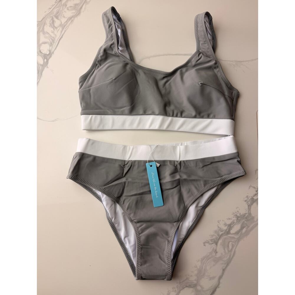 NWT Gray White Bikini Set Women’s Small Colorblock Scoop Neck Swimwear